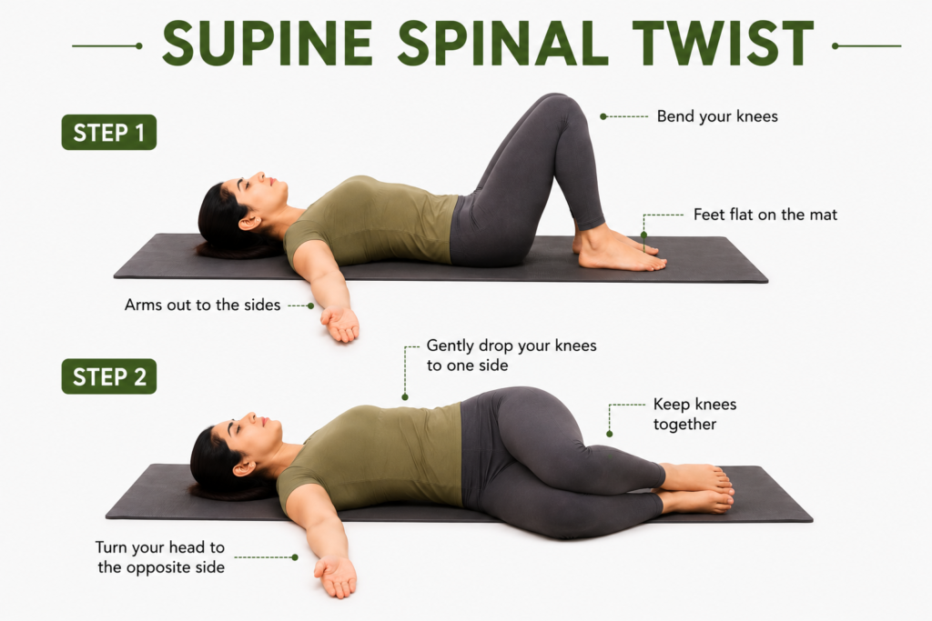 Supta Matsyendrasana (Supine Spinal Twist) NIRVANA YOGA 